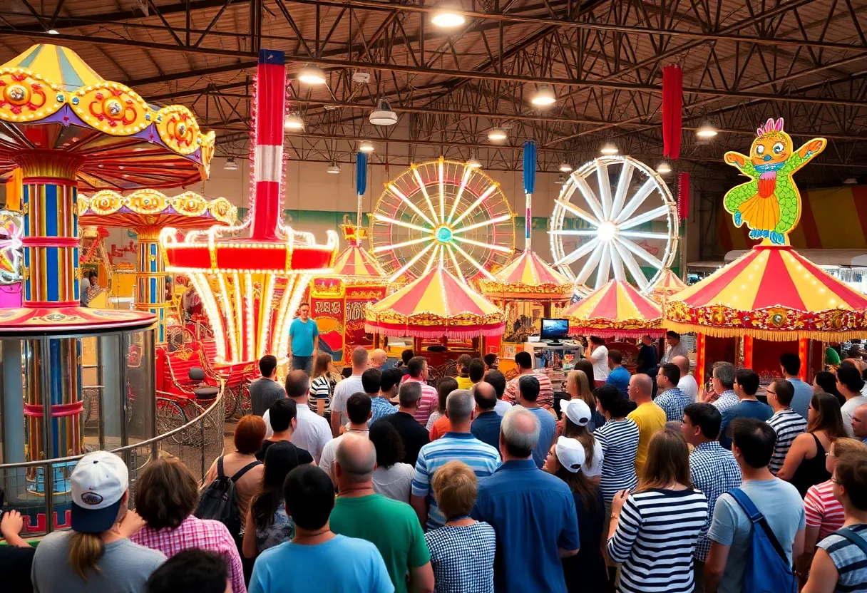 A bustling auction scene at Edaville Railroad with various amusement rides.