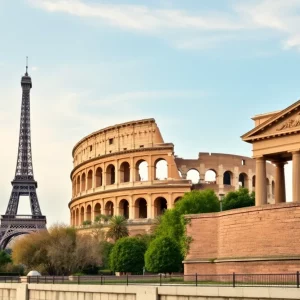 A collage of famous European landmarks including the Eiffel Tower, Colosseum, and Berlin Wall representing travel deals.