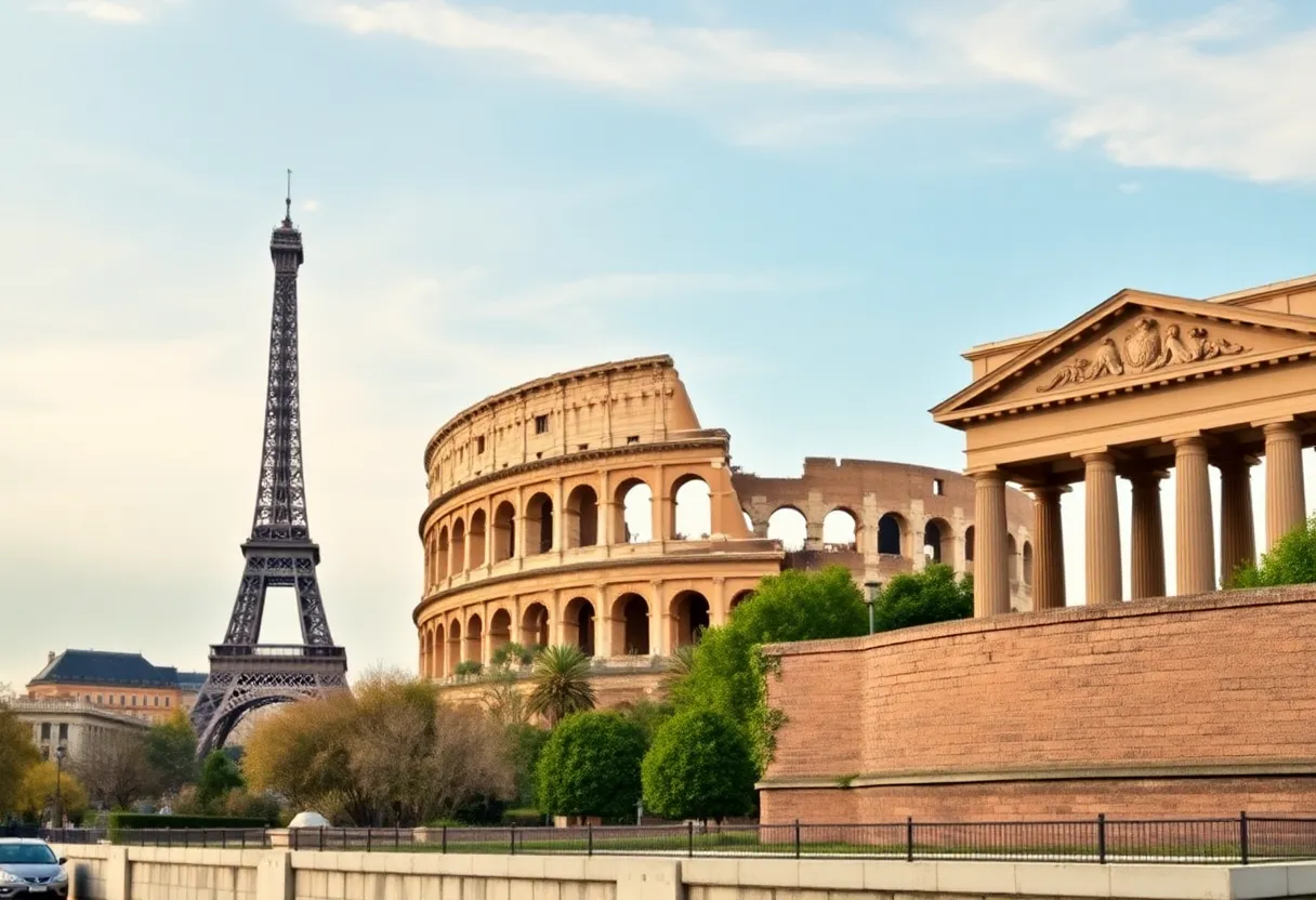 A collage of famous European landmarks including the Eiffel Tower, Colosseum, and Berlin Wall representing travel deals.