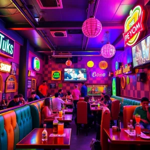 A lively pop-up bar inspired by Family Guy with neon signs and fans enjoying drinks.