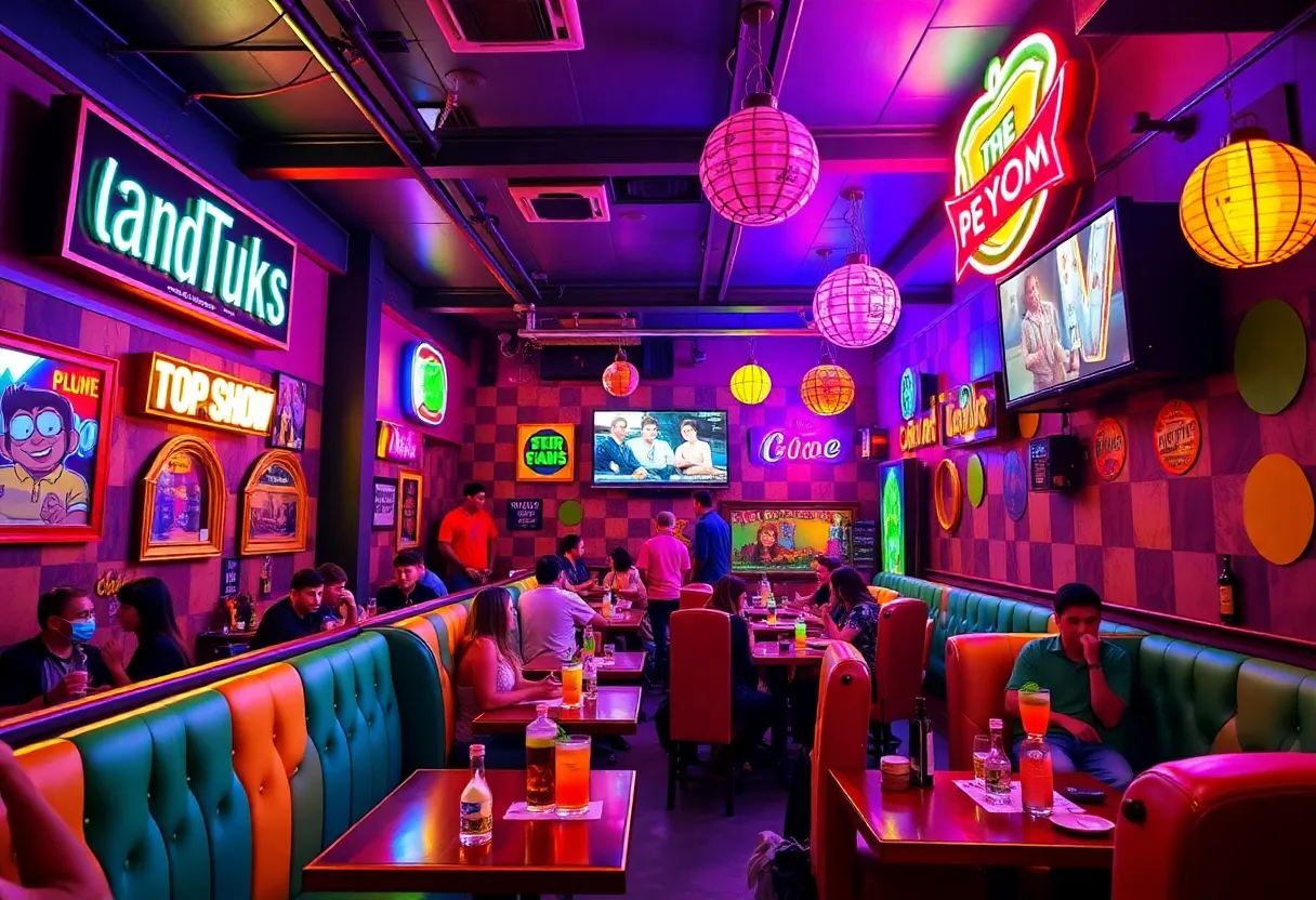 A lively pop-up bar inspired by Family Guy with neon signs and fans enjoying drinks.