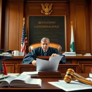 Federal courtroom with judge and educational symbols