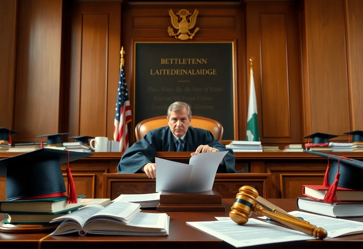 Federal courtroom with judge and educational symbols