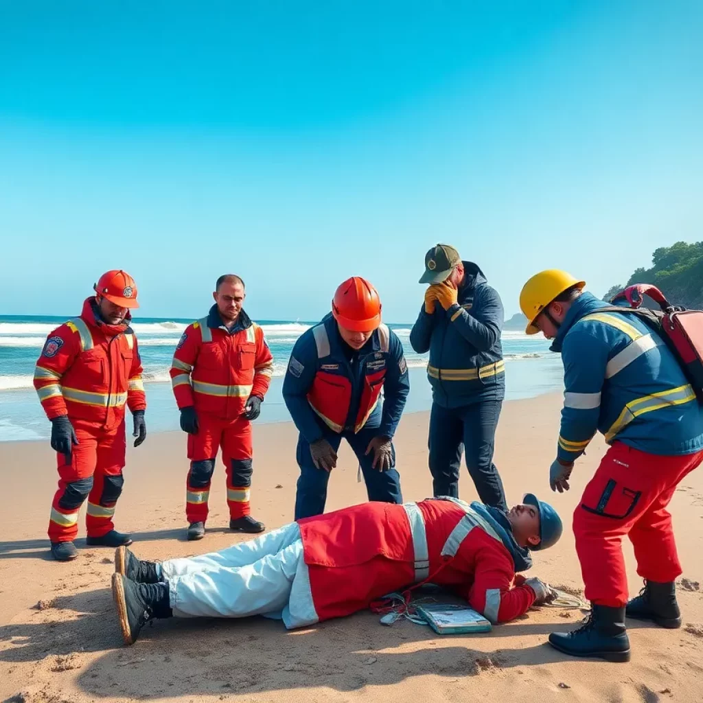 Emergency responders performing CPR on a beach