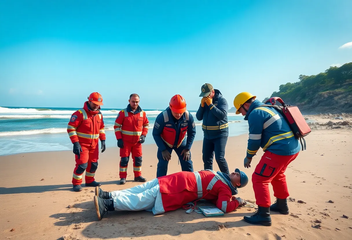 Emergency responders performing CPR on a beach