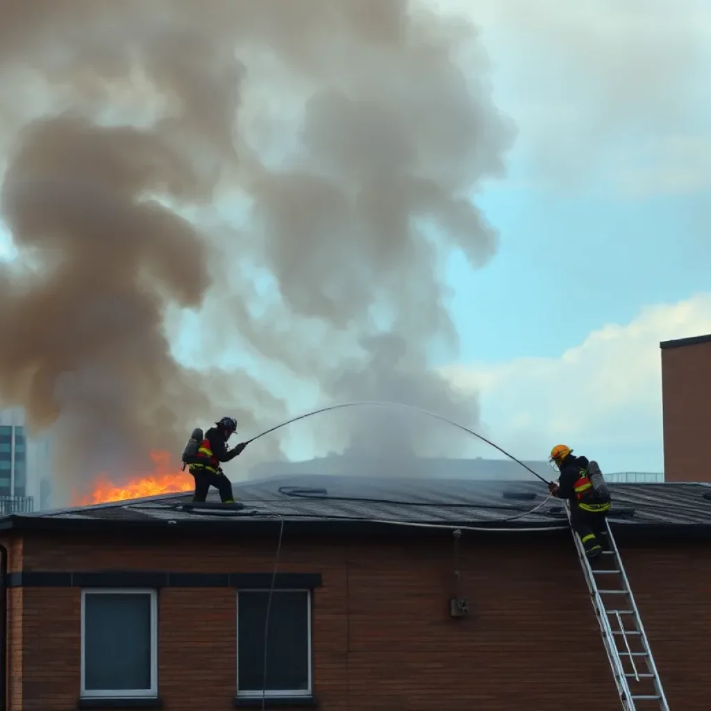 Firefighters battling a roof fire in Boston's Financial District.