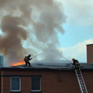 Firefighters battling a roof fire in Boston's Financial District.