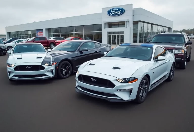 Ford Mustang Mach-E, Maverick, and Bronco Sport displayed at a dealership.