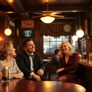 Nostalgic bar scene depicting laughter and camaraderie.