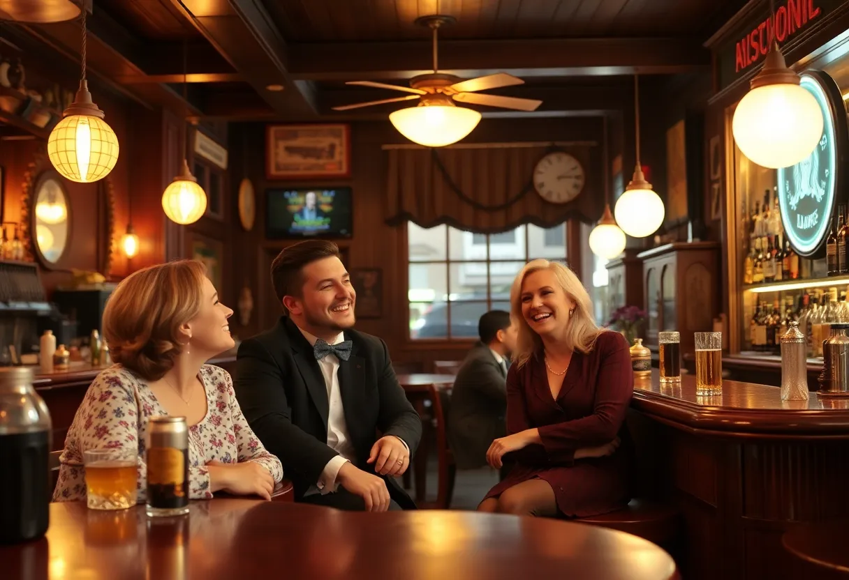 Nostalgic bar scene depicting laughter and camaraderie.
