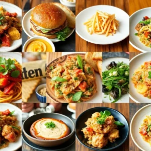 A colorful spread of gluten-free dishes from various restaurants dedicated to supporting celiac awareness.
