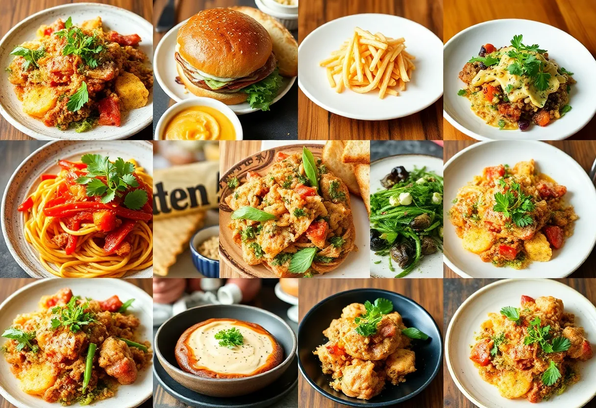A colorful spread of gluten-free dishes from various restaurants dedicated to supporting celiac awareness.