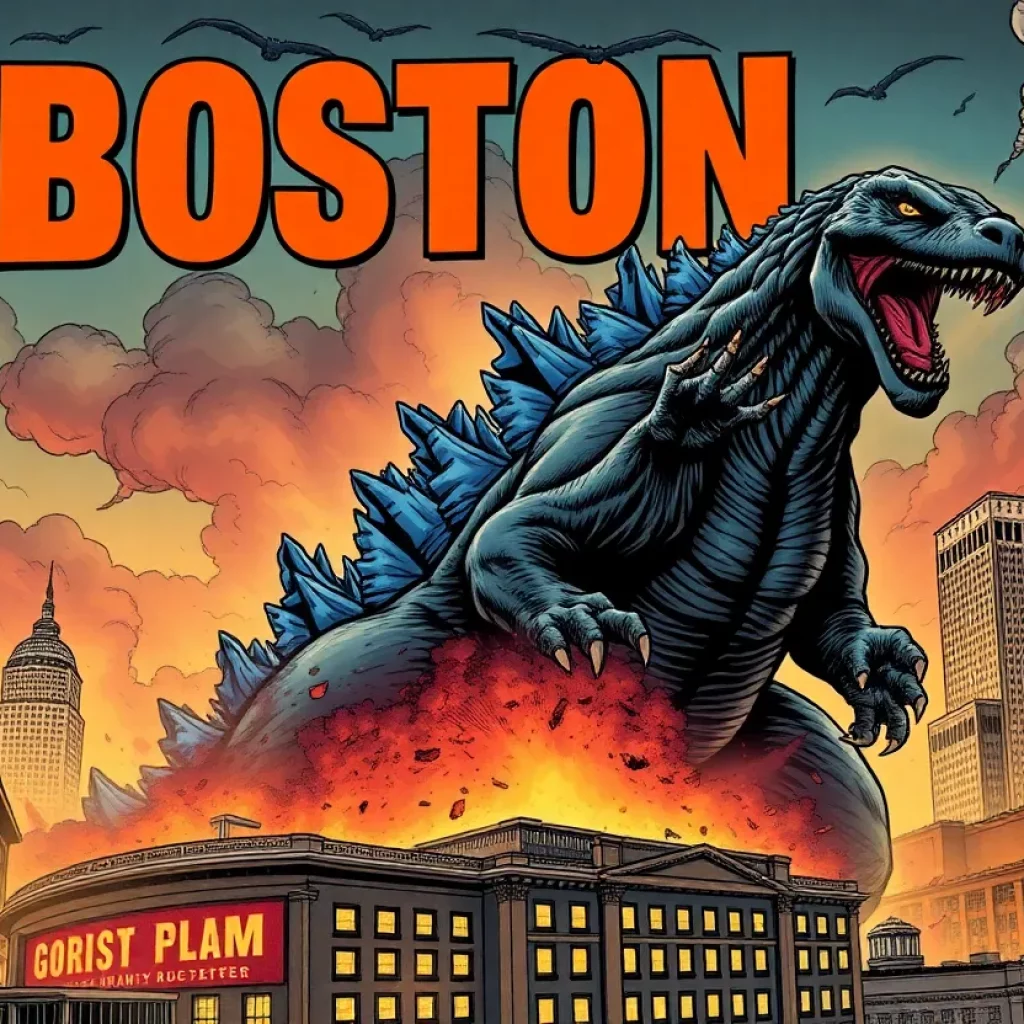 Godzilla causing chaos in Boston with landmarks in the background