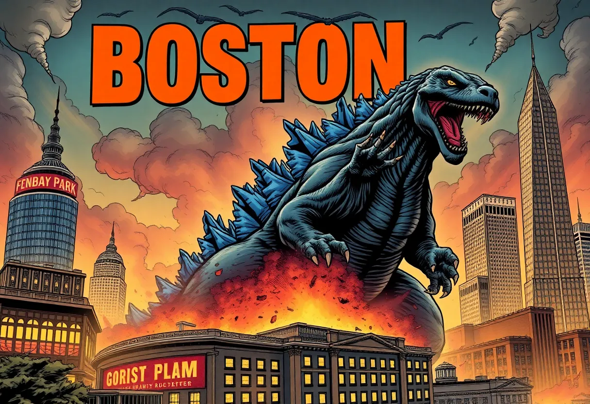 Godzilla causing chaos in Boston with landmarks in the background