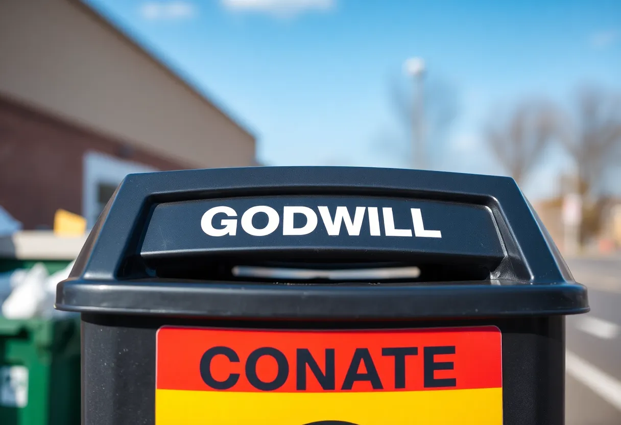 Goodwill donation bin with a focus on safety measures