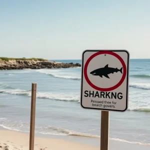 A great white shark swimming in the waters of Nantucket, surrounded by a beautiful beach setting.