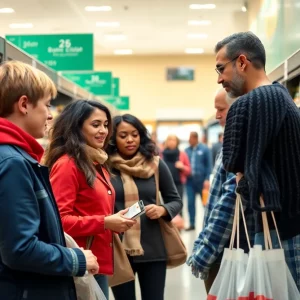 Shoppers in a grocery store discussing prices