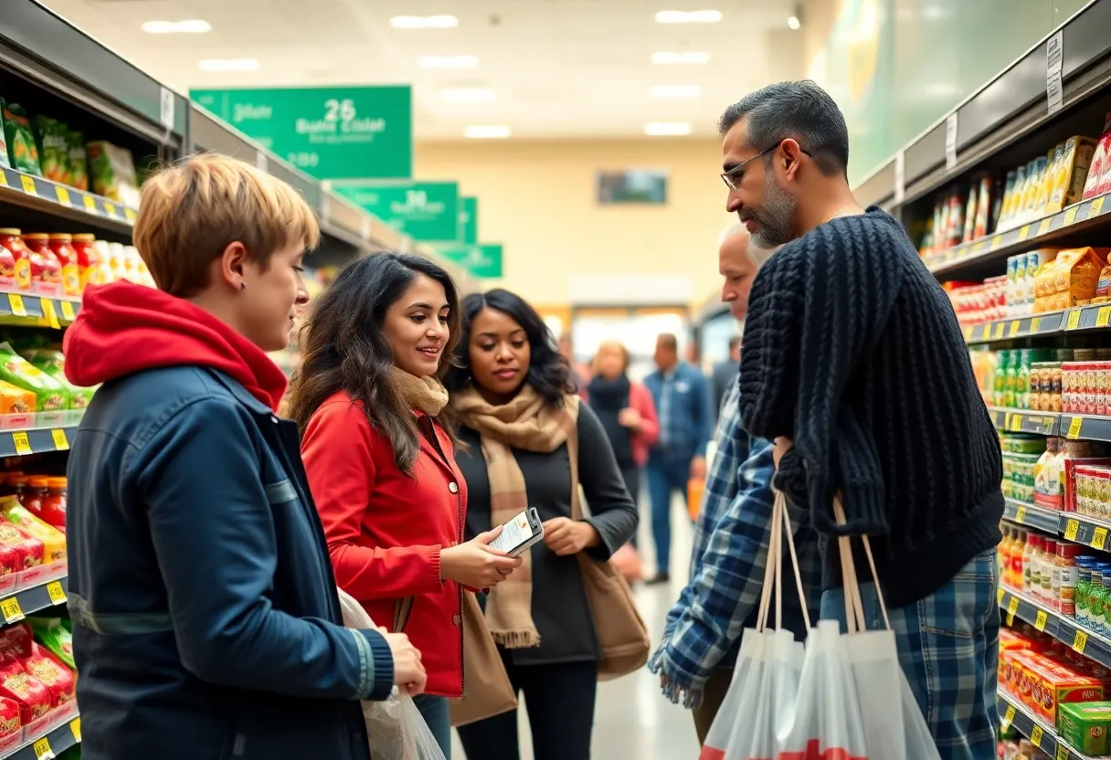 Shoppers in a grocery store discussing prices