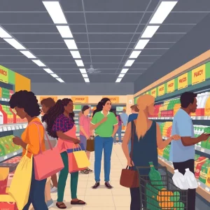 A bustling grocery store featuring price tags showing differing costs in low-income and affluent areas.