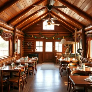 Interior of Ground Round Restaurant with a log cabin design