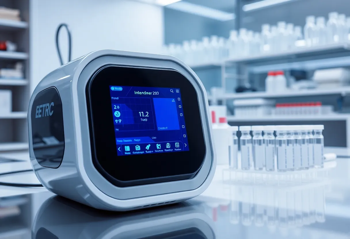 Futuristic blood testing device in a lab for health diagnostics