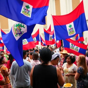 Community members celebrating Haitian Flag Day at Somerville City Hall