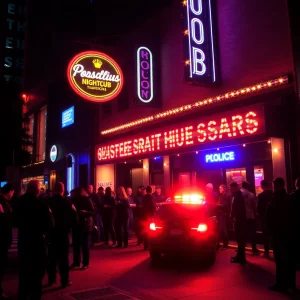 Photograph of Han Nightclub with police lights indicating an ongoing investigation
