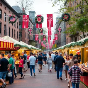 Vibrant scene from Harvard Square Oktoberfest with crowds enjoying various food and drinks.