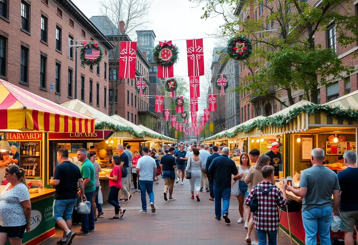 Vibrant scene from Harvard Square Oktoberfest with crowds enjoying various food and drinks.