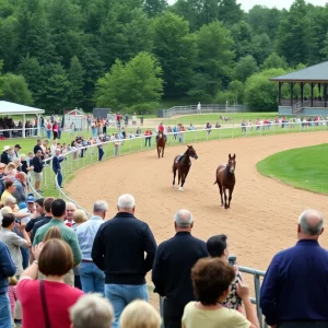 A horse racing track in Massachusetts with a few spectators