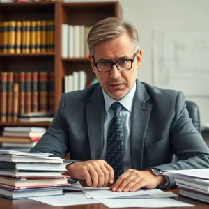 An immigration attorney looking worried while reviewing legal documents in an office.