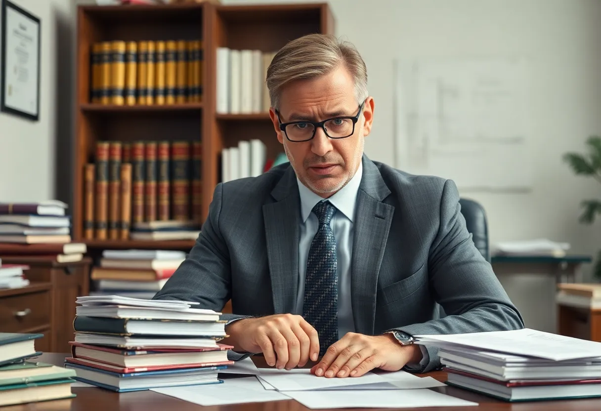An immigration attorney looking worried while reviewing legal documents in an office.