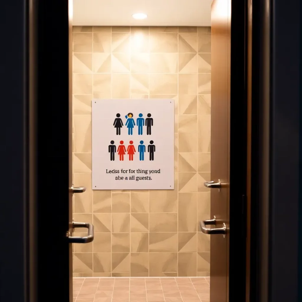 A hotel bathroom door displaying inclusive signage for LGBTQ+ acceptance.