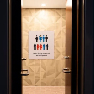A hotel bathroom door displaying inclusive signage for LGBTQ+ acceptance.