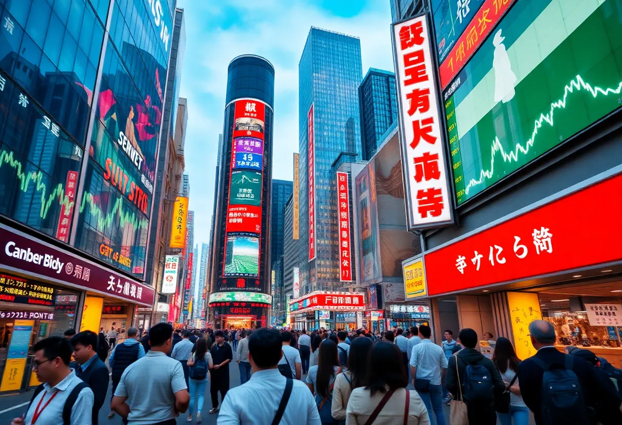 Vibrant financial districts showing stock market growth in Japan and Taiwan.
