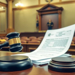 Courtroom scene representing financial crimes