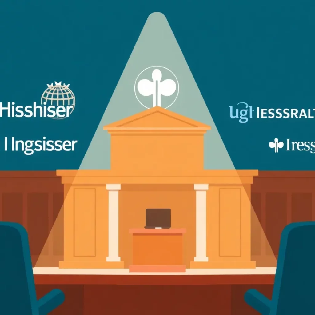 Illustration of a courtroom with health insurer logos related to legal action.