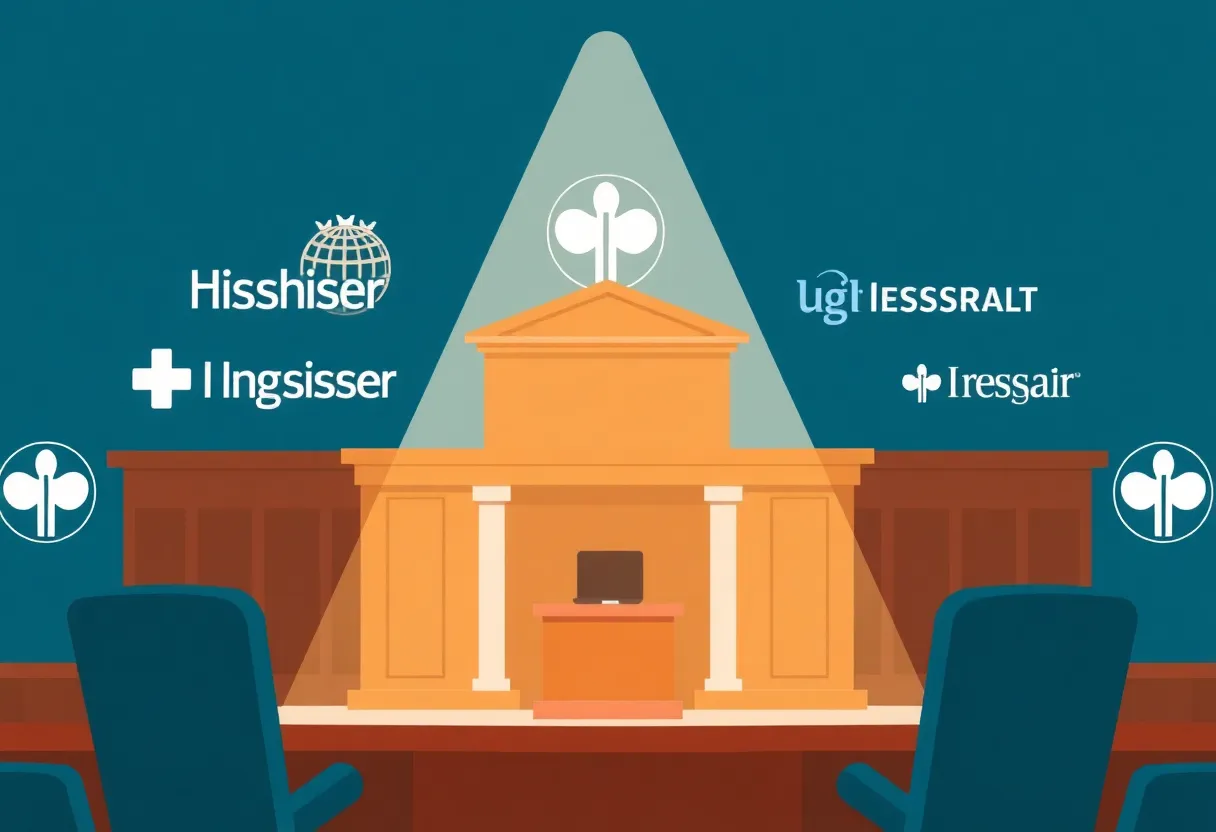 Illustration of a courtroom with health insurer logos related to legal action.