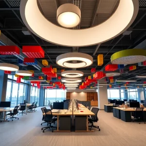 Interior view of the Lego headquarters in Boston with Lego-inspired design elements.