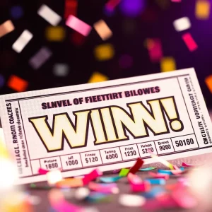 A colorful lottery ticket surrounded by confetti and streamers.