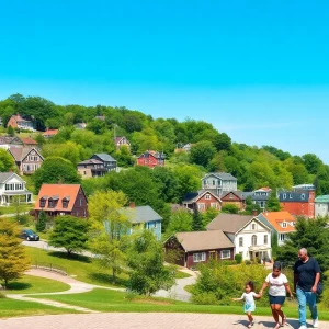 A vibrant Massachusetts city scene depicting happy families and green spaces.