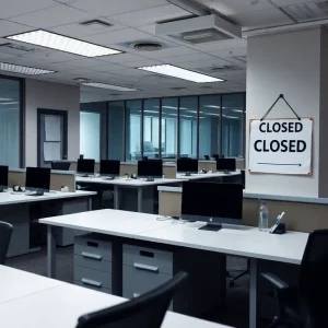 Desks in a biotech office left empty after layoffs