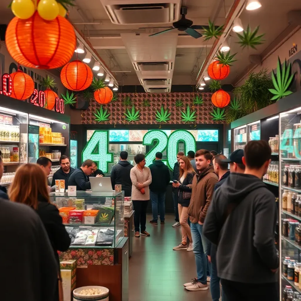 Customers shopping at a cannabis store in Massachusetts during the 4/20 celebration.