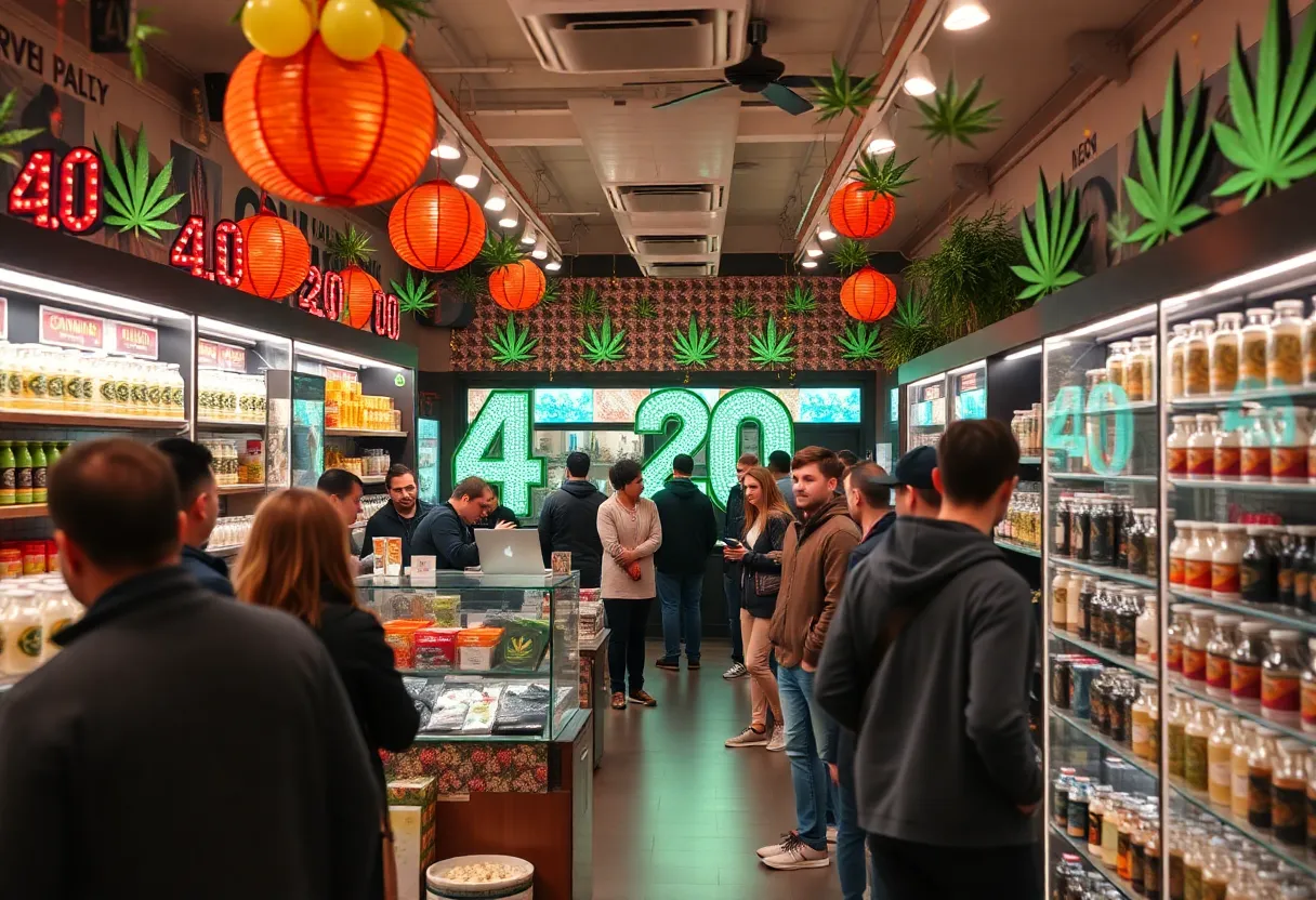Customers shopping at a cannabis store in Massachusetts during the 4/20 celebration.