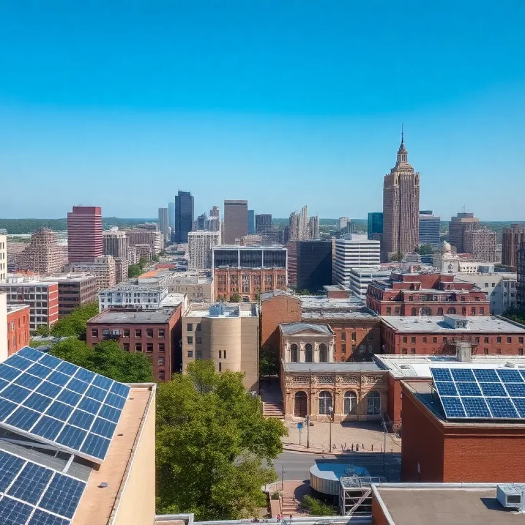 Solar panels in Massachusetts with the city skyline in the background
