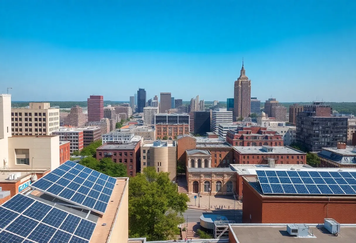 Solar panels in Massachusetts with the city skyline in the background