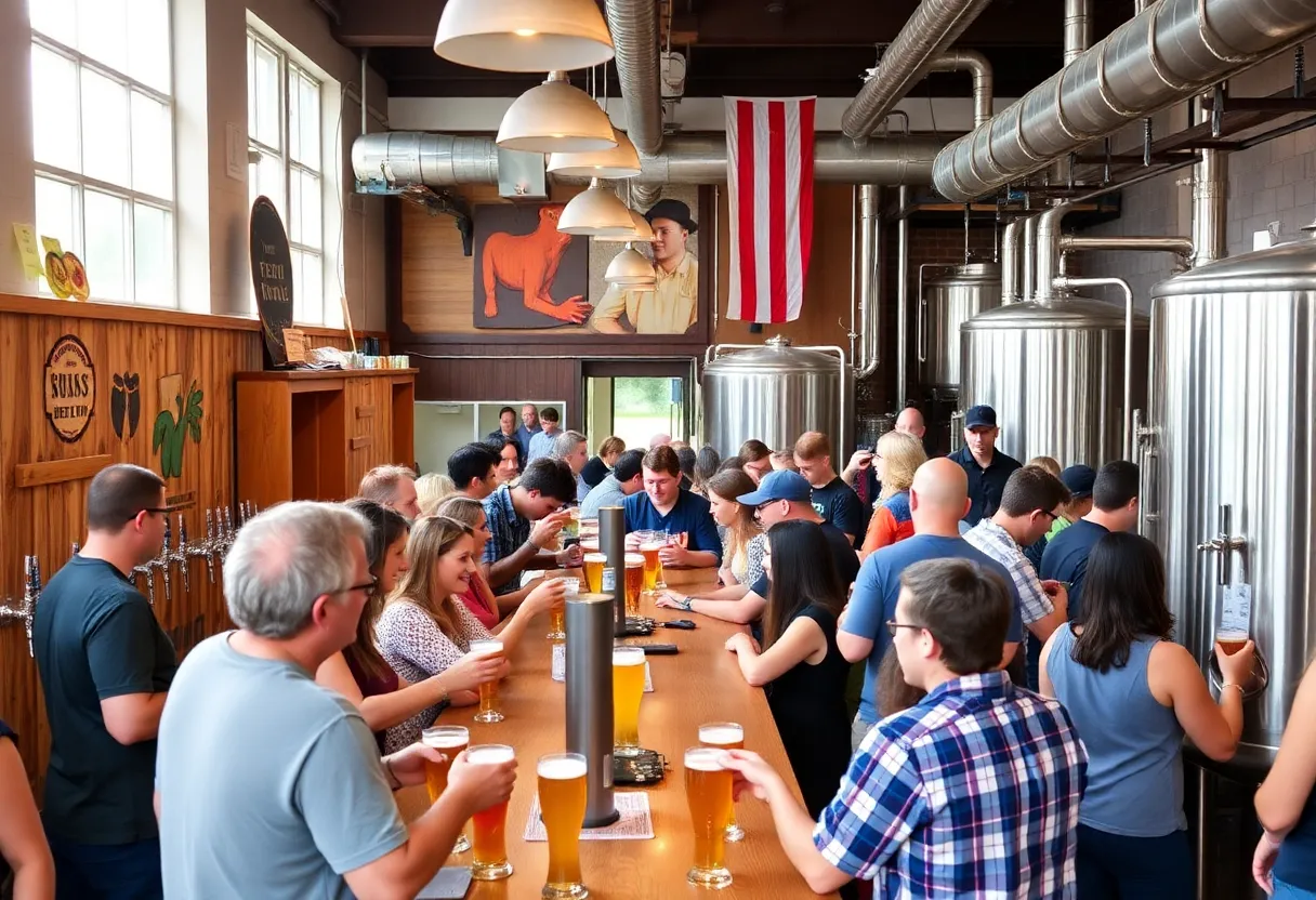 Diverse people enjoying craft beer in a Massachusetts brewery