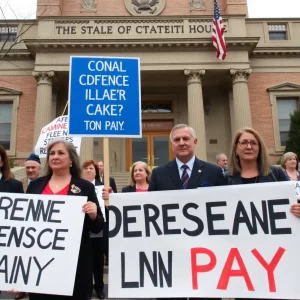 Defense lawyers holding signs in protest for higher pay in Massachusetts outside a courthouse.
