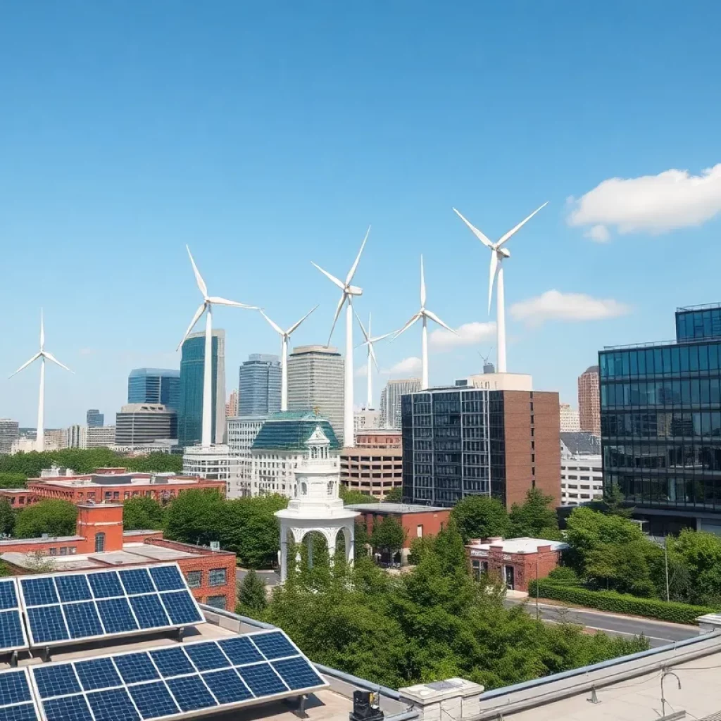 Solar panels and wind turbines in Massachusetts cityscape