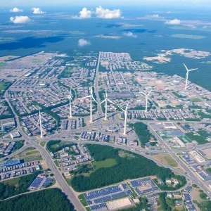 Aerial view of Massachusetts showcasing renewable energy sources like solar panels and wind turbines.